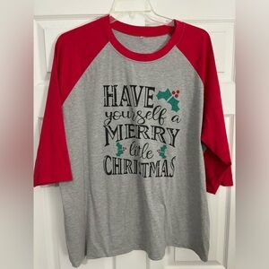 Ragland-Style Gray and Red Christmas T-Shirt, 3-quarter length sleeves, Size 3XL